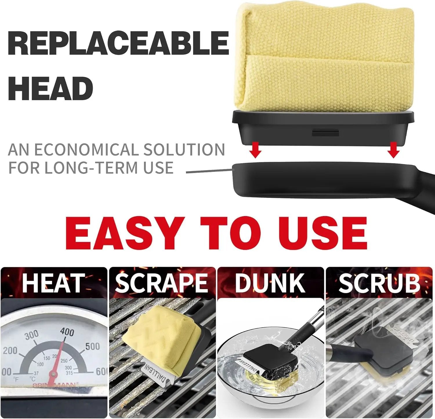 BBQ Grill Brush Bristle Free(2Heads) for Outdoor Grill, Trapezoid- Shaped Design Replaceable Head Cleaning Brush, Steam Grate Cleaner, BBQ Cleaning Brush, Scraper for Grill, Safe Barbecue Grill Brush by GreenHaven Gardens