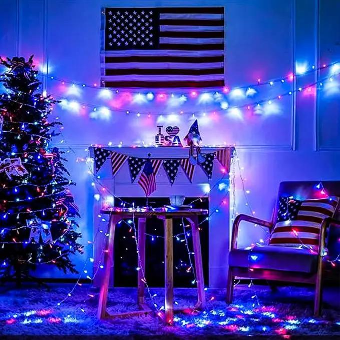 EEW 2pk Red White and Blue Solar String Lights Outdoor Waterproof, Solar Powered LED Patriotic Lights 200 LED, Solar Tree Lights for Independence Day Decor 4th of July Memorial Day Decorations by GreenHaven Gardens