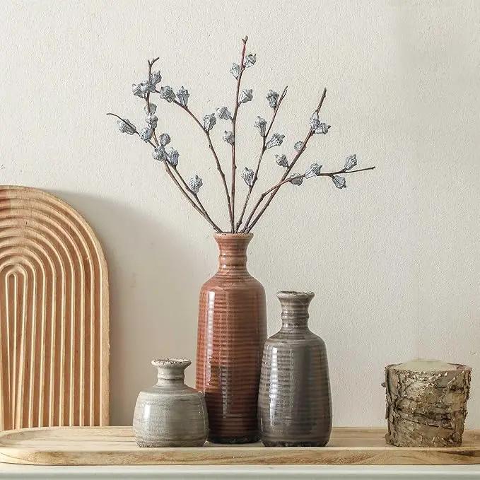 Ceramic Vases Set of 3, Neutral Rustic Farmhouse Vases Home Decor Decorative Flower Vase Modern Boho Pampass Vase for Table Mantel Entryway Shelf Living Room Kitchen Bathroom - Brown by GreenHaven Gardens