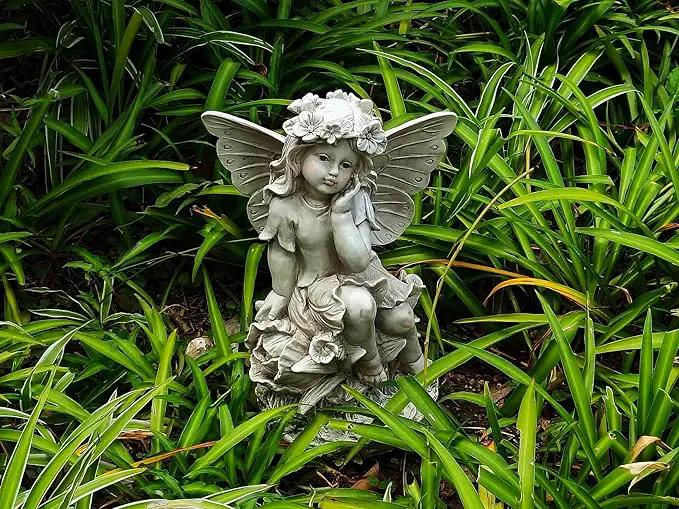 MeritMode 12.8" Fairy Garden Outdoor Guardian Angel Statue - Waterproof Resin with Flower Base, Unique for Patio, Balcony & Yard Decor by GreenHaven Gardens