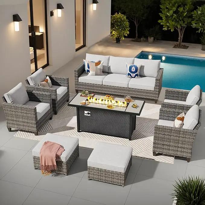 ovios 8 Pieces Patio Furniture Set with 54" Fire Pit Table, Outdoor Wicker Sofa with Comfy Cushions, All Weather High Back Rattan Couch Conversation Set, Grey by GreenHaven Gardens