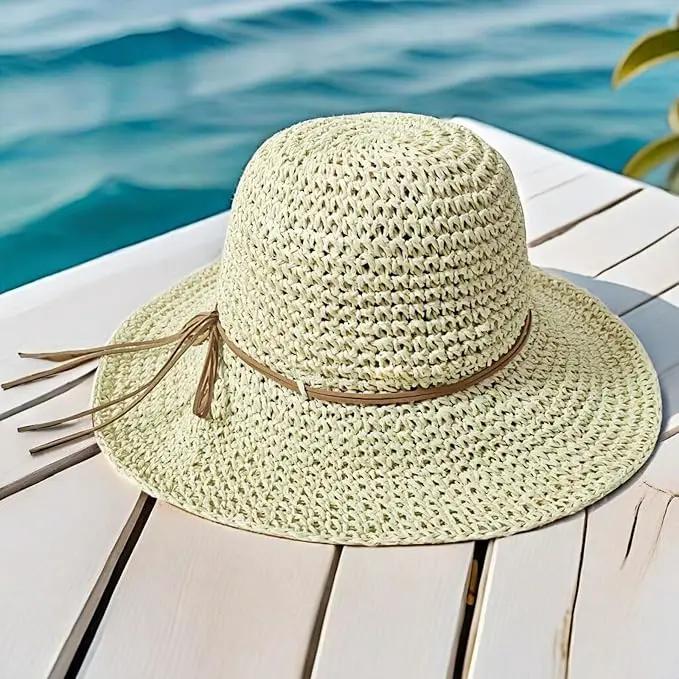 Womens Straw Beach Sun Hats, Foldable Packable Floppy Handmade Crochet Hats for Women,Large Summer Vacation Wide Brim Hat by GreenHaven Gardens