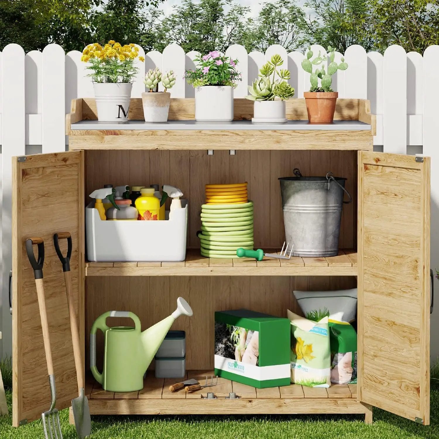 Gizoon Outdoor Potting Bench with Metal Tabletop, Outdoor Garden Patio Wooden Storage Cabinet with Adjustable Shelf, Double Doors Garden Work Bench for Backyard, Patio, Lawn - Natural by GreenHaven Gardens