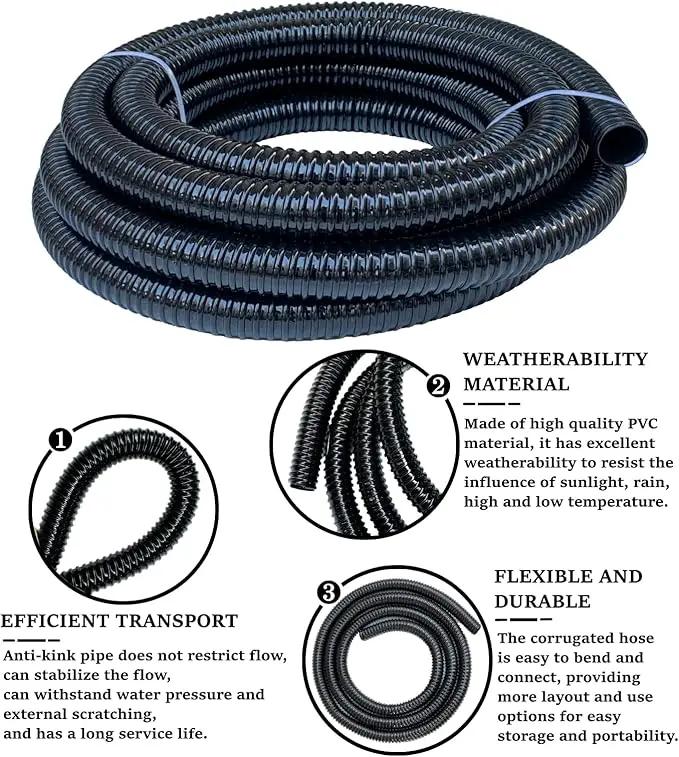 Pond Tubing 1 1/2 inch Id Black Plastic Corrugated Water Hose Strong Flexible Sump Pump Drain Hose 20Ft by GreenHaven Gardens