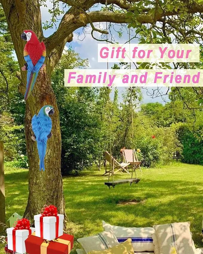 2Pcs Large Resin Parrot Decor Statues Lifelike Hawaiian Tropical Birds Decor, 12.5" Fake Parrot for Tiki Decoration Outdoor Garden Tree Wall Pool Macaw Statues Bird Lover Ornament Gifts(Blue and Red) by GreenHaven Gardens
