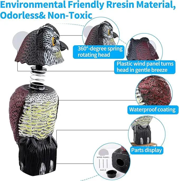 Owl Decoys to Scare Birds & Squirrels Away, 360 Rotating Head, Plastic Garden Owls for Indoor/Outdoor Use by GreenHaven Gardens