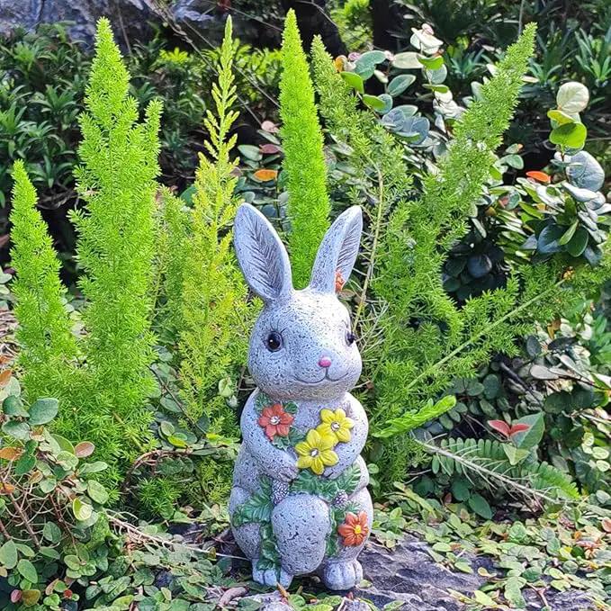 Solar Easter Rabbit Statue - Rock-Like Design with Flower Lamp Beads Woman Gifts Resin Easter Bunny Sculpture for Indoor and Outdoor Statue Decor, Garden Decoration by GreenHaven Gardens