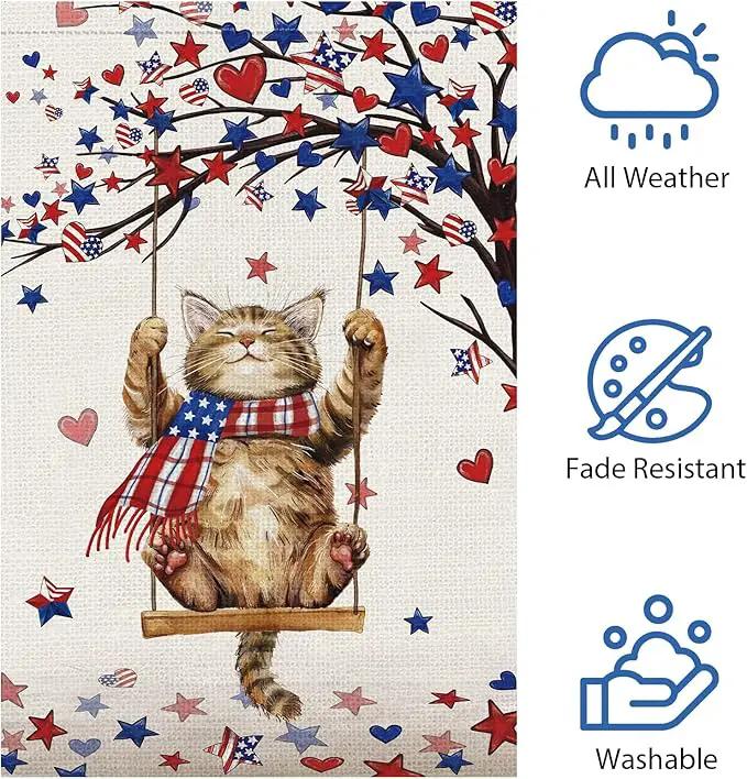 Heyfibro 4th Of July Patriotic Cute Cat Garden Flag 12x18 Double Sided Burlap, Heart Star Tree Pattern USA Flags Retro Yard Banner for Rustic Independence Day Outdoor Decor (ONLY FLAG) by GreenHaven Gardens