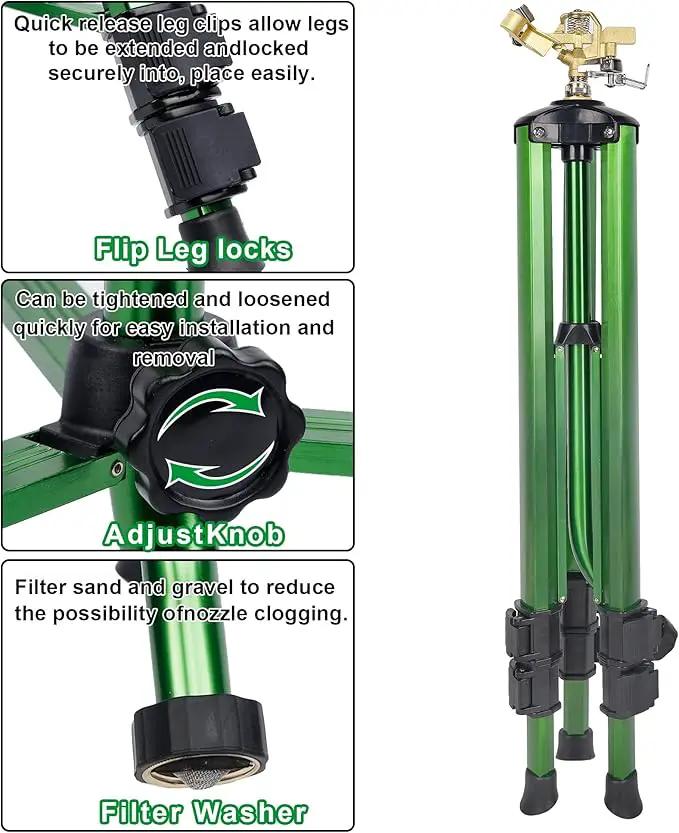 Biswing Impact Sprinkler Head on Tripod Base, Extends Up to 50 Inch Heavy Duty Lawn Sprinkler, 360 Degree Large Area Irrigation, Adjustable Coverage Brass Nozzle Alloy Metal Tower Sprinkler, 2 Pack by GreenHaven Gardens