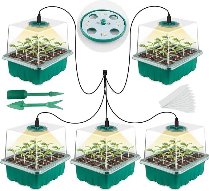 Seed Starter Tray with Grow Light, Seed Starter Kit, Plant Germination Starting Trays with Humidity Dome and Base for Greenhouse Grow Wheatgrass Hydroponic(12 Cells per Tray)(with Grow Lights) by GreenHaven Gardens
