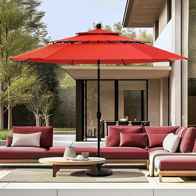 PHI VILLA 10ft Patio Umbrella Outdoor 3 Tier Vented Market Table Umbrella with 1.5" Umbrella Pole and 8 Sturdy Ribs, (Orange Red)（No Base） by GreenHaven Gardens