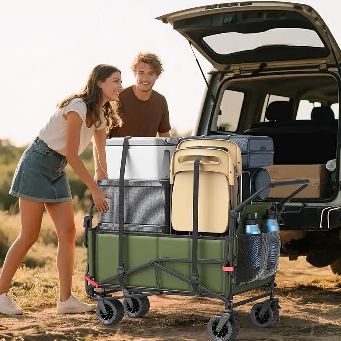 LEVELEVE Heavy Duty Folding Wagon - 2-in-1 Collapsible Cart, 650lb Capacity, All-Terrain Wheels w/Brakes & Side Pockets (Army Green) by GreenHaven Gardens
