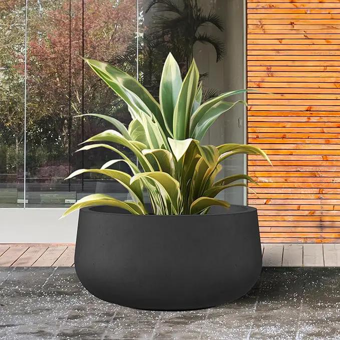 Kante 15.7" Dia Round Concrete Planter, Outdoor Indoor Garden Plant Pots with Drainage Hole and Rubber Plug, Modern Curvaceous Design, Black by GreenHaven Gardens
