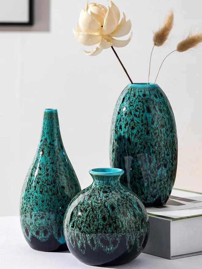 Ceramic Bud Vase Set, Fambe Blue Glazed Finish, Decorative Flower Vases (Blue-Set of 3) by GreenHaven Gardens