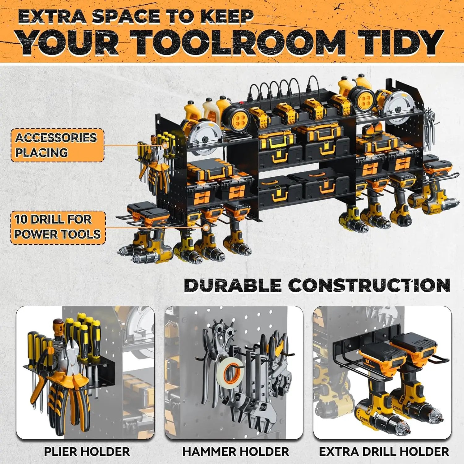 Upgrade Large Power Tool Organizer Wall Mount with Charging Station Tool Storage Rack with 6.5FT Power Strip 10 Drill Holder and Storage Rack for Garage Organization by GreenHaven Gardens