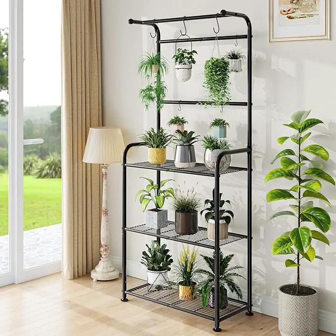 Plant Stand Indoor Outdoor, Heavy Duty Metal 3 Tiered Tall Hanging Plant Shelf for Multiple Flower Planter Holder 67" Large Rack for Living Room Garden Balcony, Black by GreenHaven Gardens