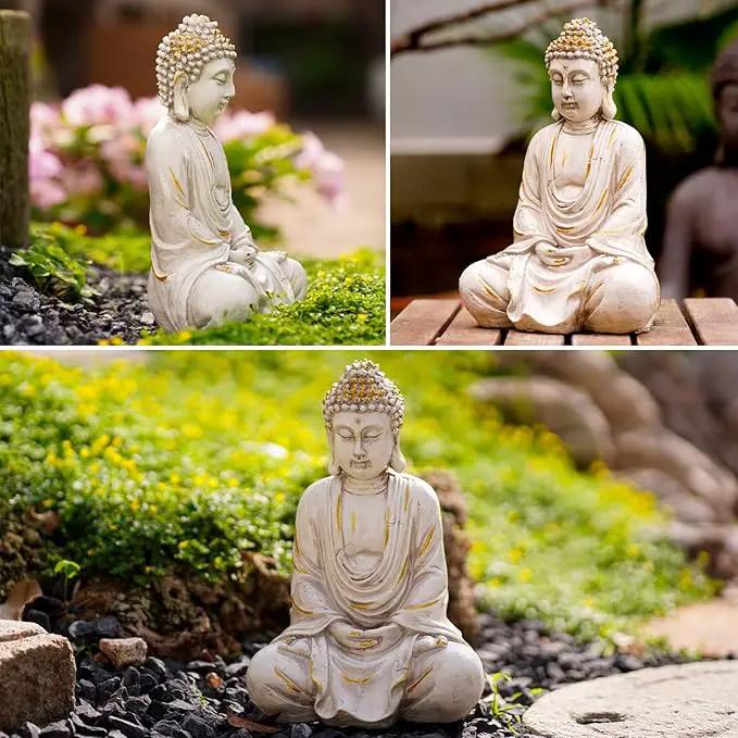 Goodeco 11.4 Meditating Zen Buddha Statue Figurine Sculpture - Indoor/Outdoor Decor for Home,Garden,with Natural Wood Beaded Necklace,Polyresin (White) by GreenHaven Gardens
