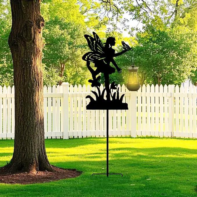 Solar Angel with Butterfly Garden Stakes Outdoor Decor Metal Angel Holding Solar Lantern Decorative Garden Metal Stakes Outdoor Flower Silhouette Stakes by GreenHaven Gardens