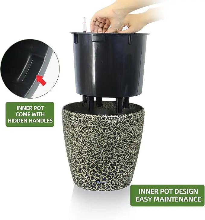 Dexceder 11x10 Inches Self Watering Planter Indoor Outdoor, Inner Pot Design, Thickened Table Flower Plant Pot with Water Level Indicator (Black Gold Crackle) by GreenHaven Gardens