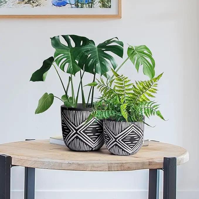 6 Inch Boho Planter Pots with Drainage Holes, 2 Pcs Terracotta Pots, Ceramic Plant Pots for Indoor Plants, Ferns, Vines, Succulents, and Outdoor Plants Growing, Gift for Plant Lovers（Black） by GreenHaven Gardens
