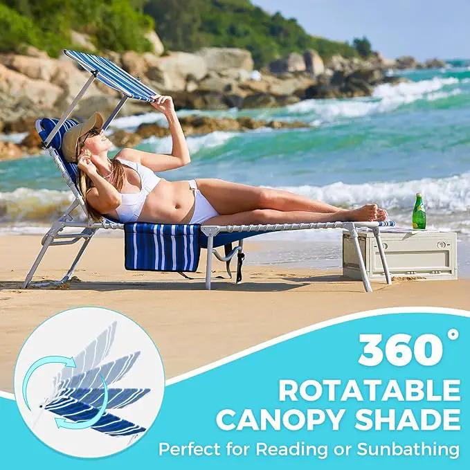 #WEJOY Folding Lounge Chair with Canopy Shade, Portable Adjustable 5-Position Patio Chaise Lounger with Pillow & Pouch for Lay Flat Outdoor Lawn Backyard Beach Camping Pool Tanning (Blue White) by GreenHaven Gardens