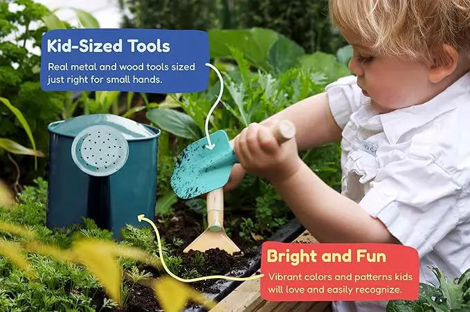 Gardening Set, Tool Kit, for Kids, STEM, Includes Tote Bag, Spade, Watering Can, Rake, Fork, Trowel and Gloves (Ocean Blue) by GreenHaven Gardens