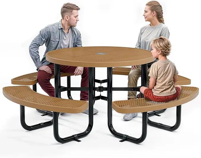 Metal Picnic Tables for Outdoors with Umbrella Hole - Coated Steel Heavy Duty Commercial Grade Table with Adjustable Seats (Brown, 46 in, Round, Expanded Steel) by GreenHaven Gardens