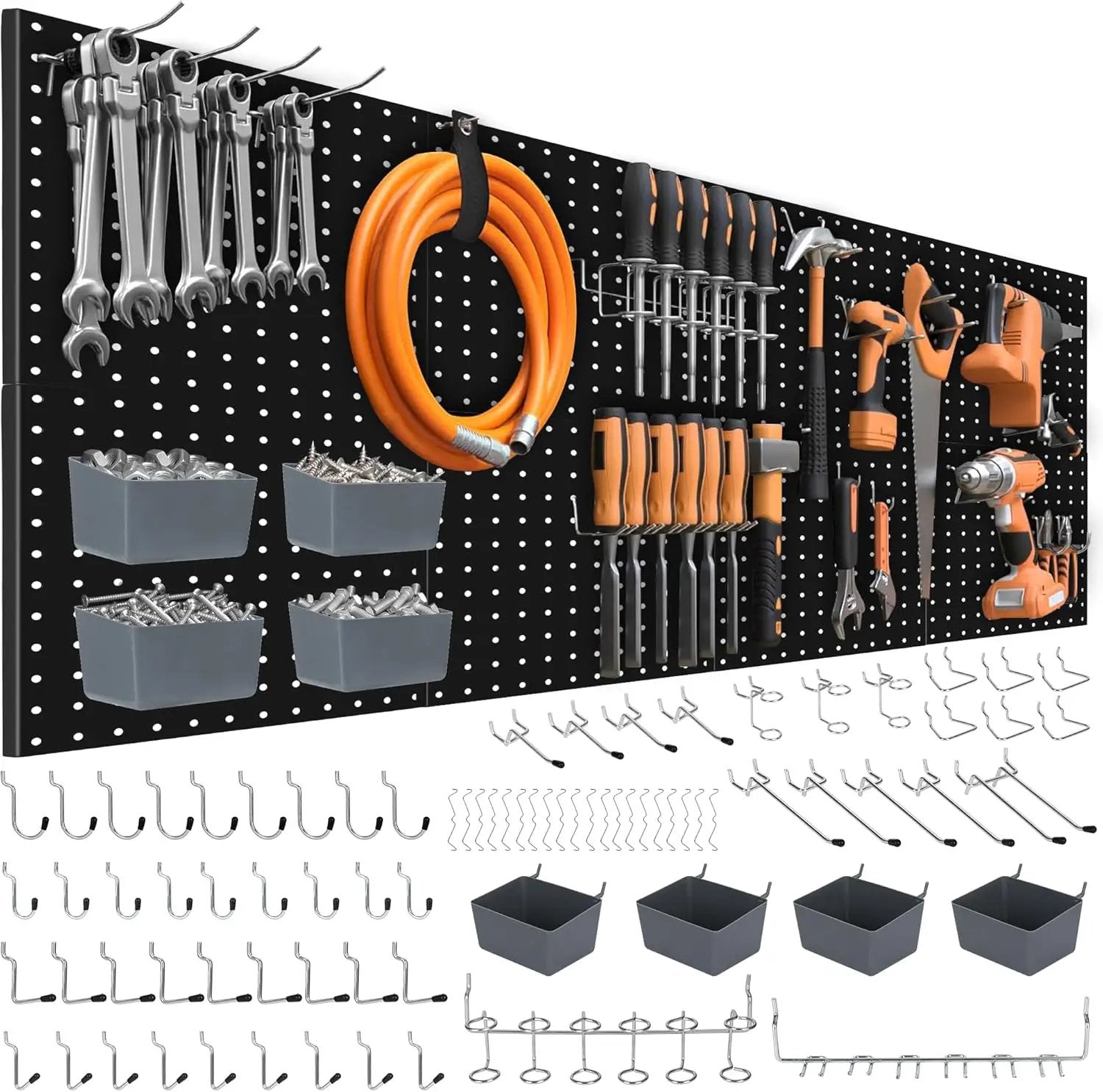 88 PCS Pegboard Panels Metal Black with Accessories Kit, Heavy Duty Steel Peg Boards Wall Tool Organizer with Screw, Bins, Hooks, Peg Locks for Garage, Tool Storage, Office, Craft Room, Kitchen by GreenHaven Gardens