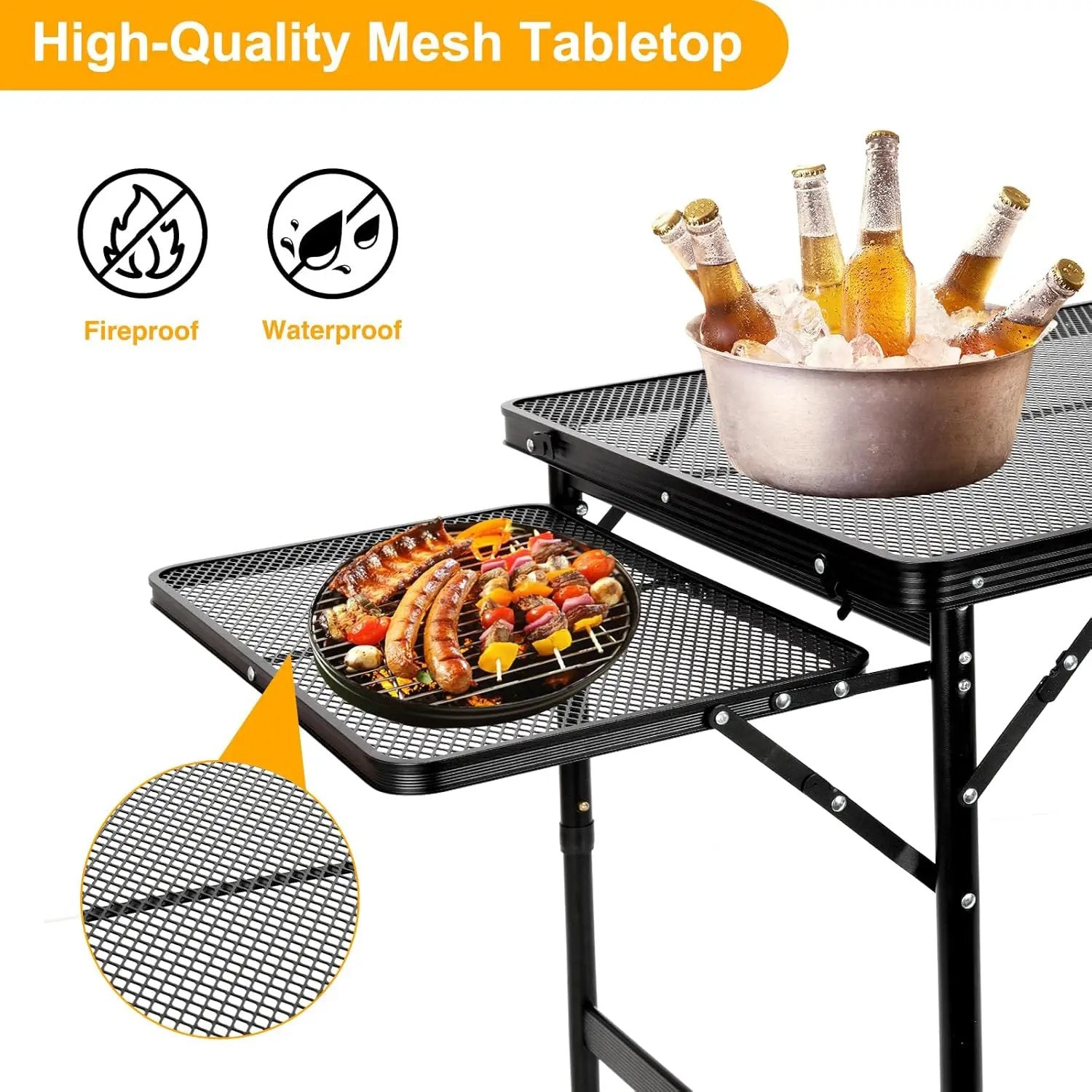 Grill Table Folding Table with 2 Wing Panels 4FT+1.77 FT with Mesh Desktop 3 Height Adjustable Portable Grill for Outdoor Indoor Beach BBQ Picnic Travel RV Black 69.3 x 23.62 inch by GreenHaven Gardens