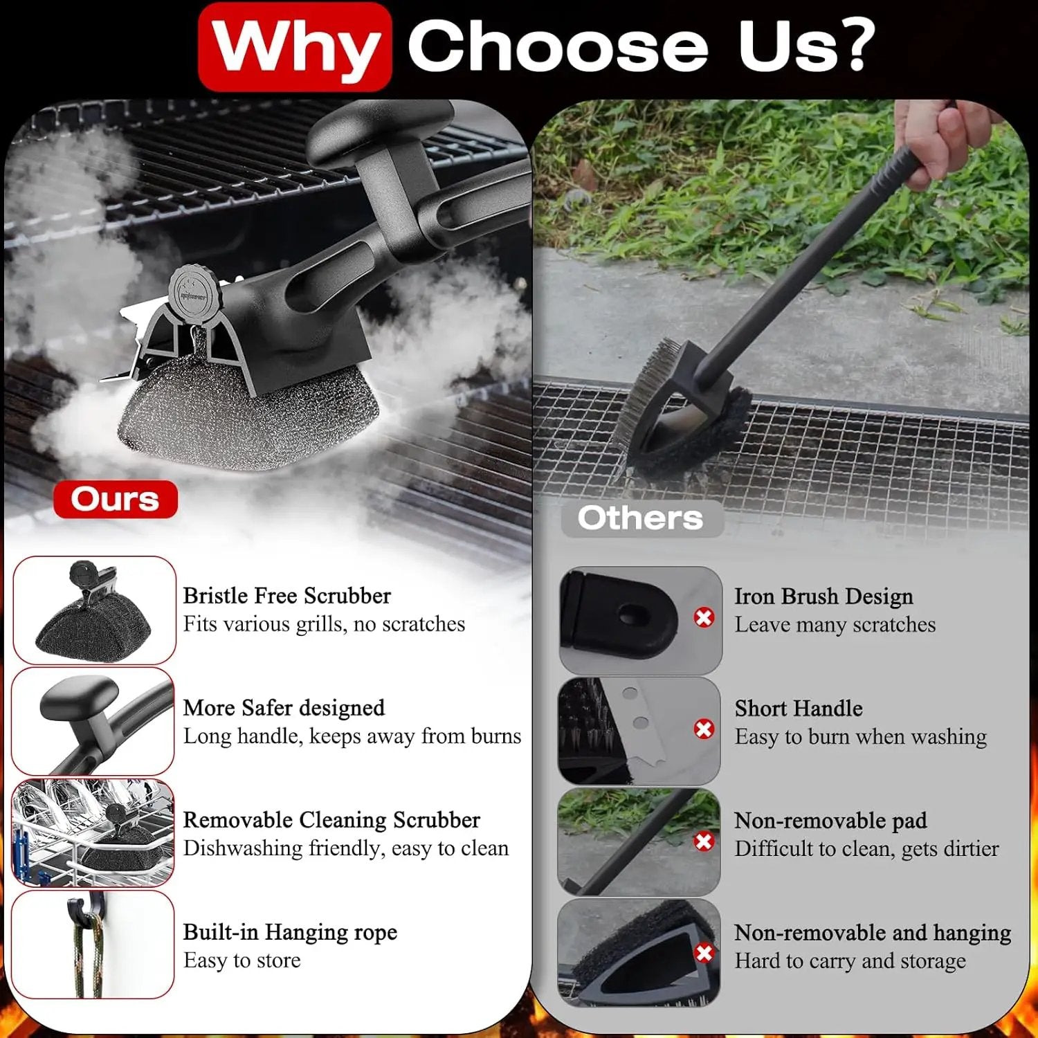 Grill Brush for Outdoor BBQ - Replaceable Bristle Free Heading + Reinforced Scraper - Safe BBQ Accessories for Porcelain/Gas/Charcoal/Smoker/Cast Iron Grill - Cleaning Brush(Black) by GreenHaven Gardens