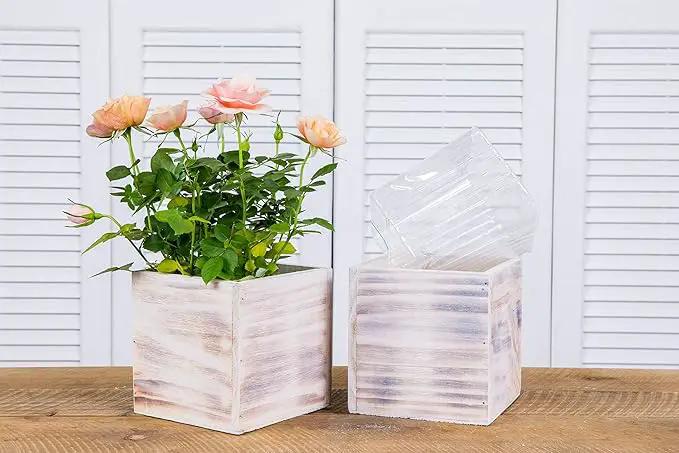 Wooden Planter Box, Rustic Whitewash with Plastic Liner l Garden Decor l Restaurant and Wedding Decorations l Wedding Bouquets, Table Centerpiece (5x5 Set of 4, Whitewash) by GreenHaven Gardens