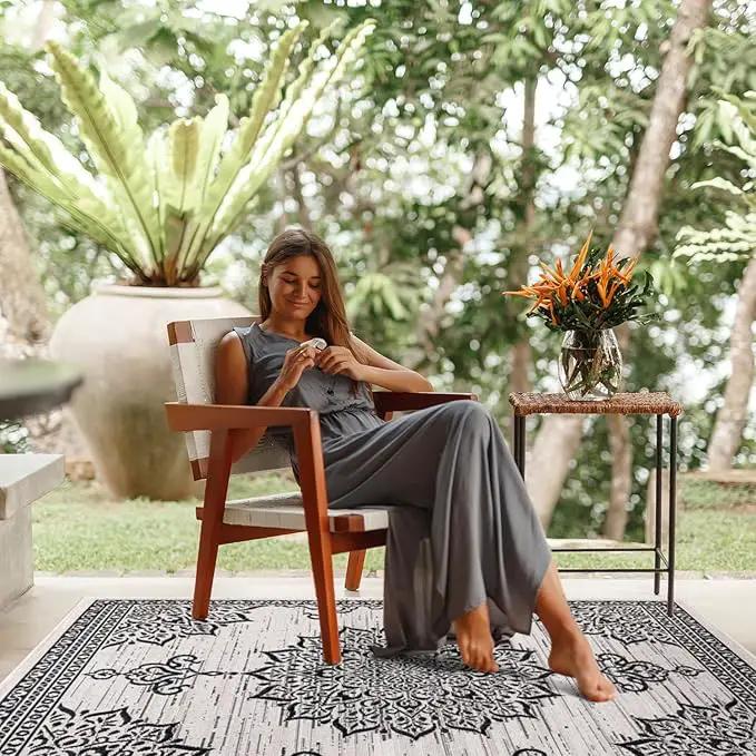 CAMILSON Outdoor Rug, 5x7 Medallion White Black Modern Area Rugs for Indoor and Outdoor Patios, Kitchen and Hallway Mats, Washable Porch Deck Outside Carpet (Medallion White, 5 x 7) by GreenHaven Gardens