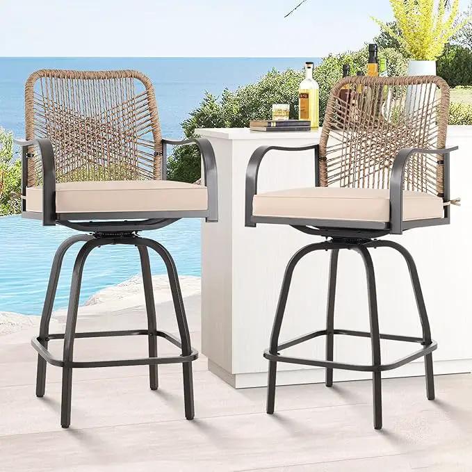 Outdoor Bar Stools Set of 6, Patio Swivel Counter Height Rattan Bar Stools, Patio Wicker Bar Swivel Chairs with Cushion, Outdoor Pool Bar Chairs for Backyard Garden Balcony w /360 Rotation by GreenHaven Gardens