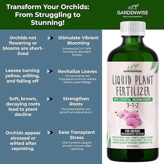 Liquid Orchid Fertilizer Concentrate 3-1-2 with Micronutrients Orchid Care Made Easy (16 OZ) by GreenHaven Gardens