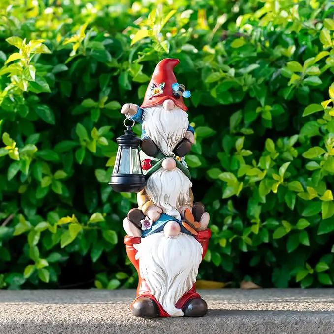 Garden Gnome Statue with Solar Lights Large Garden Sculptures Funny Triple Gnome Outdoor Patio Lawn Yard Garden Decor Gifts for Women Mom 12 in Spring Gnomes Outdoor by GreenHaven Gardens