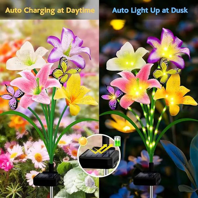 Solar Garden Lights 6 Pack 24 Lily Flowers with Butterfly Decor, Waterproof Solar Flower Lights for Outdoor - Upgraded Decorative Lilies for Yard, Patio, Pathway Decorations & Gardening Gifts by GreenHaven Gardens