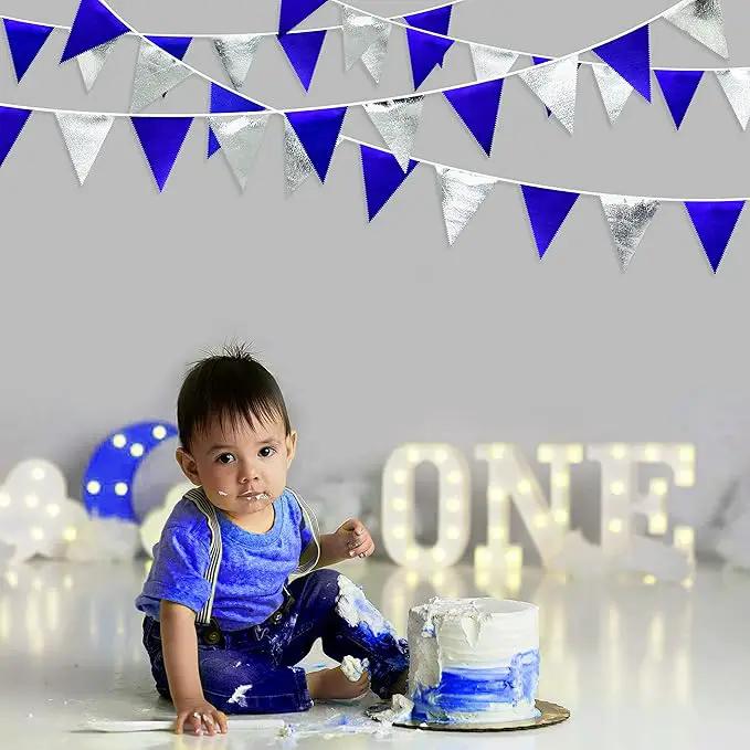 Royal Blue Silver Party Decorations Navy Blue Triangle Pennant Banner Flag Metallic Fabric Bunting Garland for Birthday Graduation Wedding Retirement Nautical Ahoy Achor Pirate Theme Party Supplies by GreenHaven Gardens