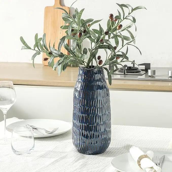 Blue Ceramic Vase for Home Decor, 12.6 Inch Tall Flower Vase with Modern Textured Finish,Decorative Floor Vase for Pampas Grass, Entryway, Living Room, Dining Table, Farmhouse or Office by GreenHaven Gardens