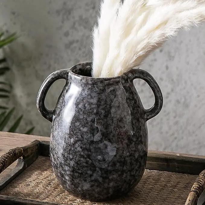 Ceramic Modern Farmhouse Vase with 2 Handles, Black Ceramic Vases for Home Decor, Rustic Pottery Vase, Decorative Terracotta Flower Vase, Boho Clay Vase for Table Living Room Shelf Mantel Decor by GreenHaven Gardens