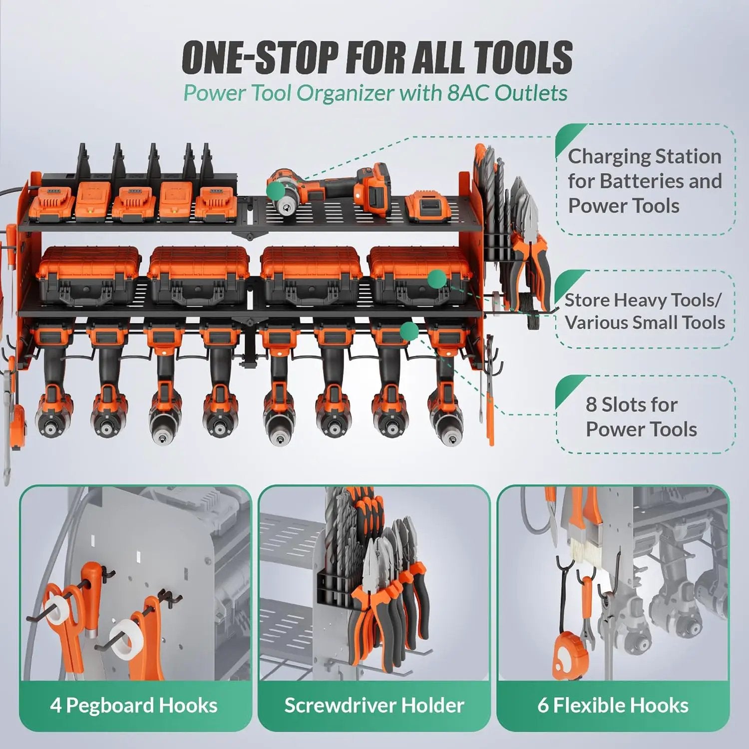 Suchtale Power Tool Organizer with Charging Station,33.2''Garage 8 Drill Holders Wall Mount,3 Layers Heavy Duty Metal Tool Shelf with 8 Outlets Power Strip, Gift for Men, Father, Orange by GreenHaven Gardens