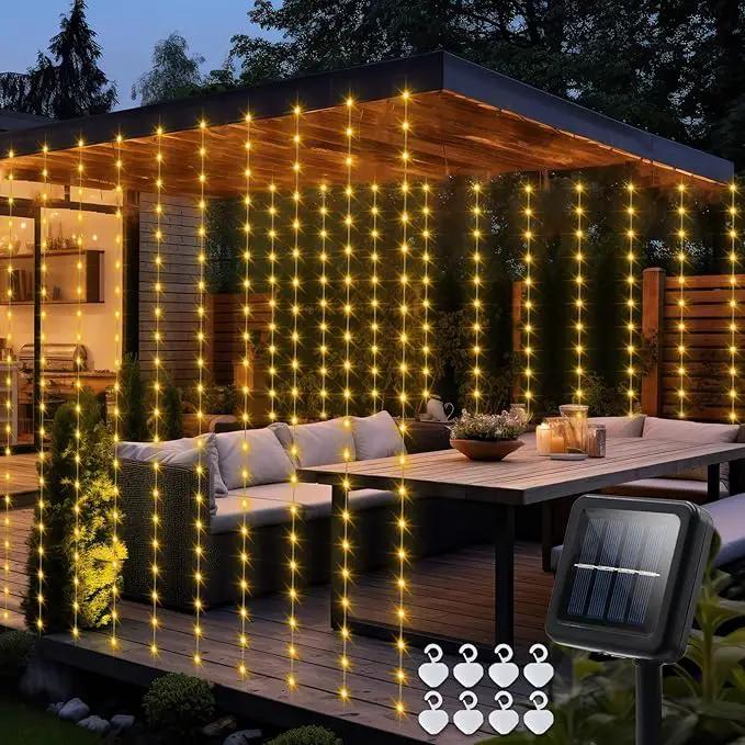 Solar Curtain Lights 7.9ft x 6ft 144 LED Outdoor Curtain Lights Waterproof with Timer 8 Modes for Christmas Garden Patio Fence Wedding Wall Window Gazebo Decor - Warm White by GreenHaven Gardens