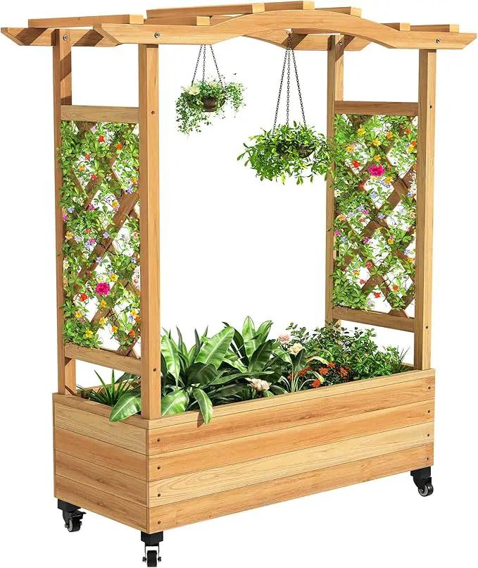 YITAHOME Raised Garden Bed with Trellis and Lockable Wheels, Wood Free-Standing Trellis Planter Box with Hanging Roof for Climbing Plants Flowers in Garden, Patio, Backyard, Balcony, Natural by GreenHaven Gardens
