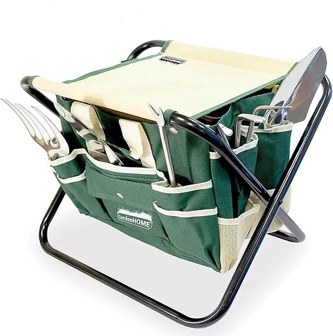 Gardening Tool Set, Stainless Steel 7-Piece Gardening Tools with Heavy-Duty Folding Stool and Detachable Canvas Tote Bag, Green and White, Ideal Gardening Gifts for Women and Men by GreenHaven Gardens