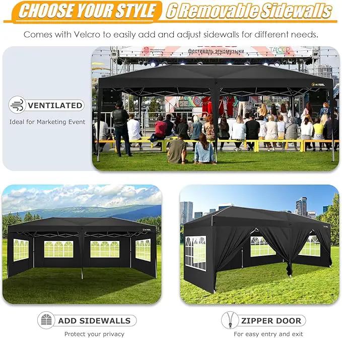 HOTEEL 10x20 Pop up Canopy with 6 Sidewalls, One Push Instant Setup Outdoor Canopy Tent with Reinforce Rod, Weight Bag, for Parties, Events, Black by GreenHaven Gardens