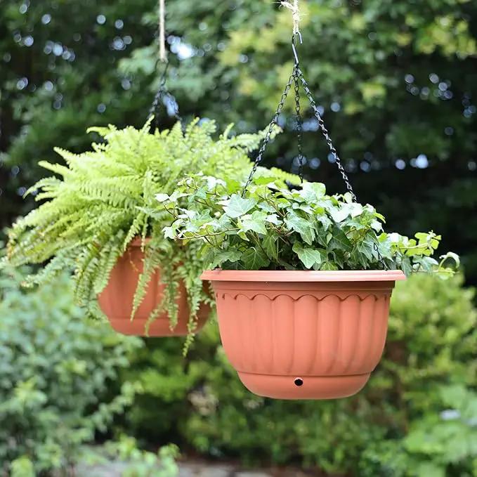 YIKUSH Hanging Planter for Indoor and Outdoor Plants 2 Pack 12 inch Flower Pot Plastic Plant Pot with Drainage Hole and Absorbing Tray（Terracotta） by GreenHaven Gardens