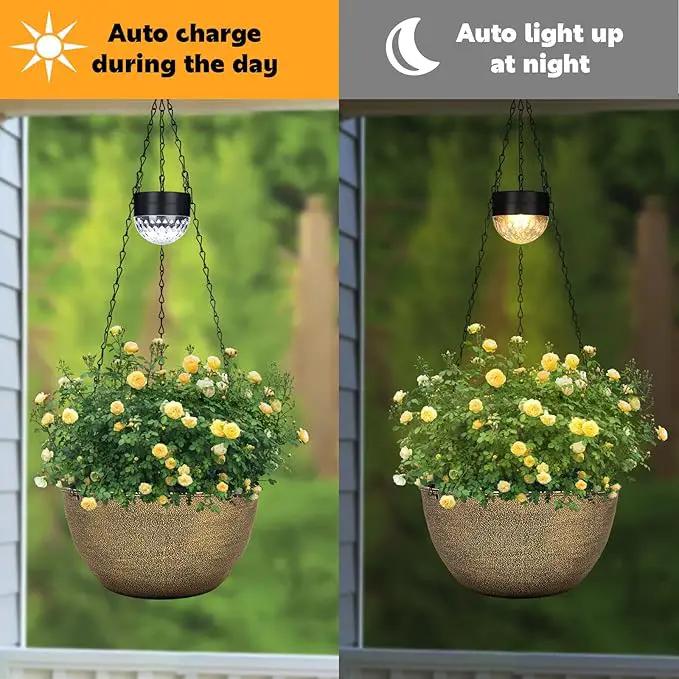 2 Packs Hanging Planters Basket for Outdoor Plants, Solar Powered Self Watering Copper Round Plastic Flower Pots with Drainer for Balcony Patio Garden Outdoor Decoration by GreenHaven Gardens