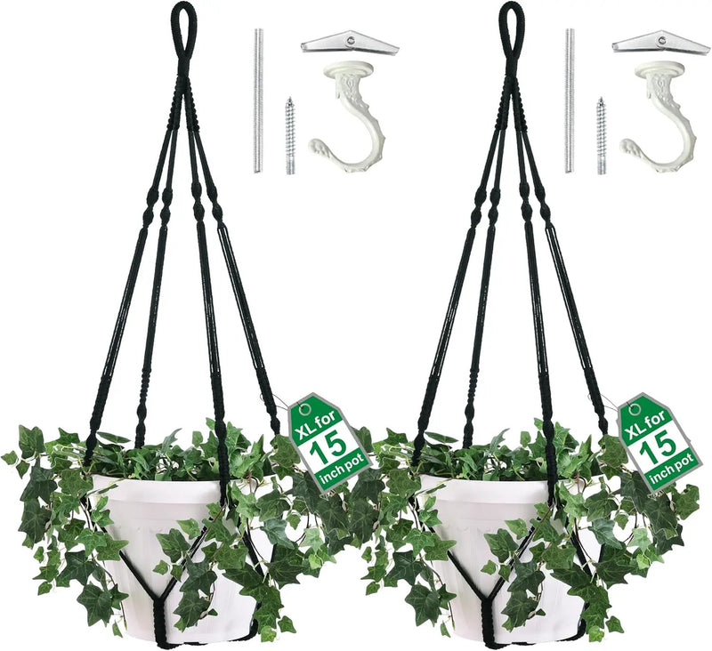 2 Pack Giant XXL 55 Inches Macrame Planter Hanger Large for 15 inch Pot + Swag Hook | Extra Large Hanging Planter for Indoor Plants | No Pot/Plant Included (XXL Black) by GreenHaven Gardens