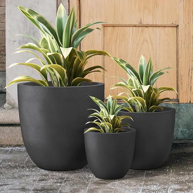 Kante 18",14",10" Dia Concrete Round Planters (Set of 3), Outdoor Indoor Large Planter Pots with Drainage Hole and Rubber Plug for Home Patio Garden, Black by GreenHaven Gardens