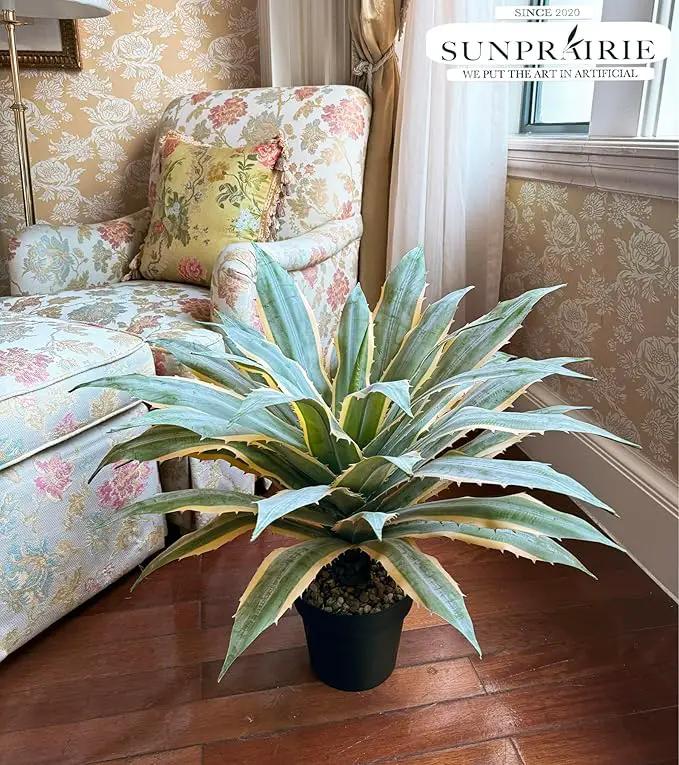 SUNPRAIRIE 32 Inch Tall Large Faux Agave Plant with Two-Tone Sawtooth Edged Leaves; Planted in Black Pot with Real Stone Pebbles. Large Artificial Plants Indoor and Outdoor. by GreenHaven Gardens
