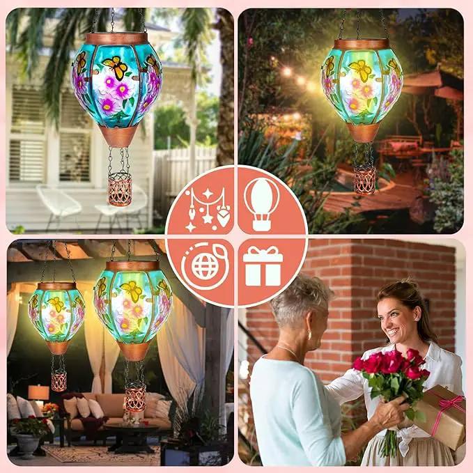 2 Pack Solar Hot Air Balloon Lantern with Flame， Butterfly Glass Outdoor Solar Lanterns for Outside Hanging Farmhouse Patio Pathway Decor, Butterfly Gifts for Women Grandma Mom - Butterfly by GreenHaven Gardens